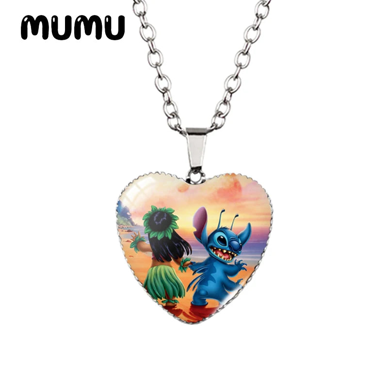 2024 New Lilo Stitch Angle Heart Necklace Glass Printed Photo Pendant Handmade Jewelry Gifts Children
