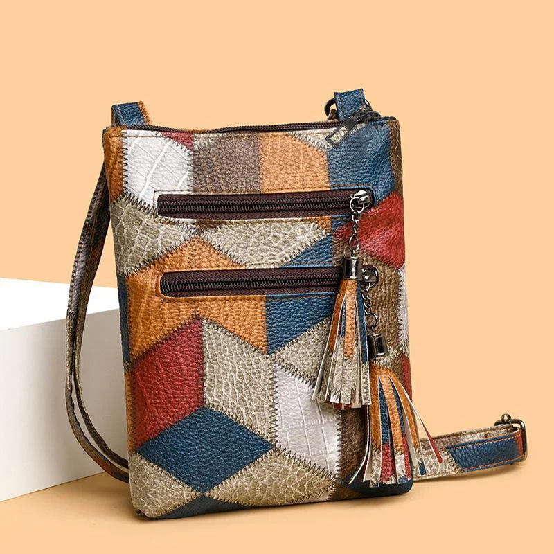 Color Block Vintage Rider Mini Crossbody Pouch Faux Leather Patchwork, Compact Sling Bag for Motorbike Outdoor Leisure Walks
