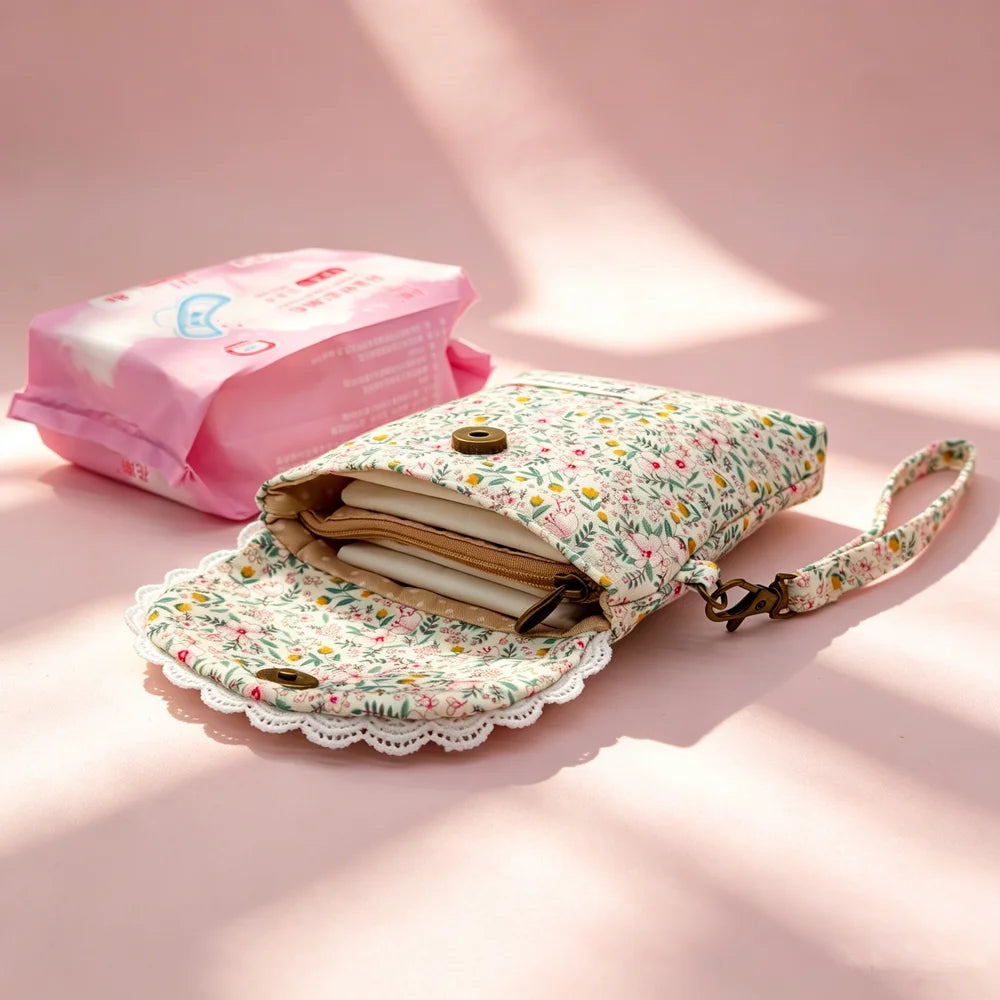Cute Floral Lace Edge Mini Wristlet Bag, Canvas Flap Phone Purse With Detachable Strap, Portable Card Coin Storage Pouch For Lad