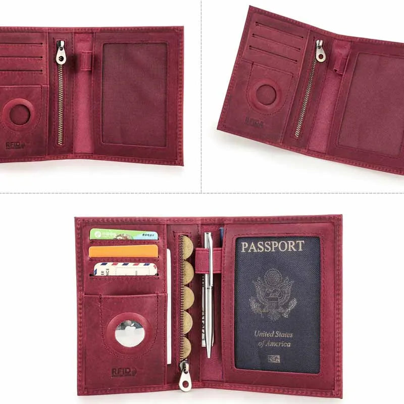 Genuine Cow Leather Passport Holder with AirTag Case - RFID Blocking Travel Wallet, Anti-Lost Pocket & Card Holder for Men Women