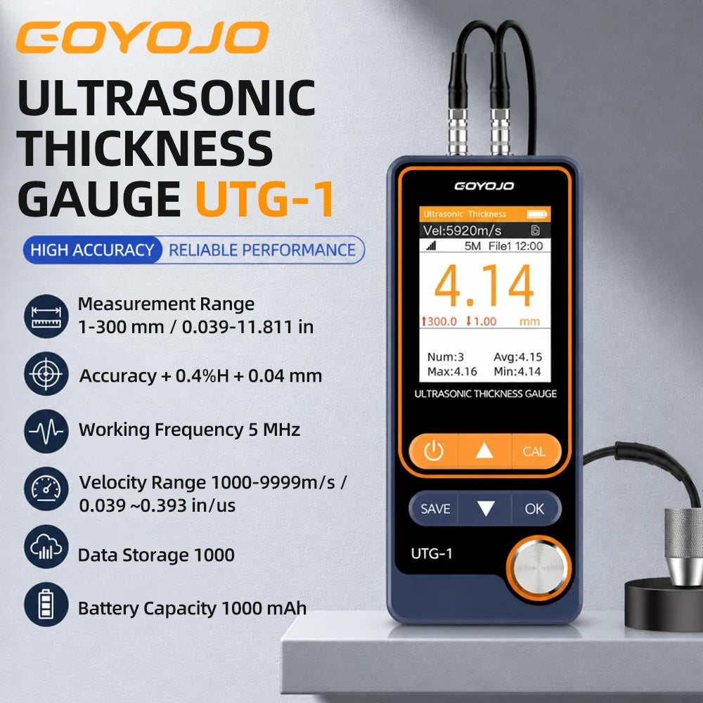 UTG-1 Ultrasonic Thickness Gauge 1-300mm ±0.4% Accuracy for Metal/Steel with Sound Velocity Measurement 1000 Data Storage