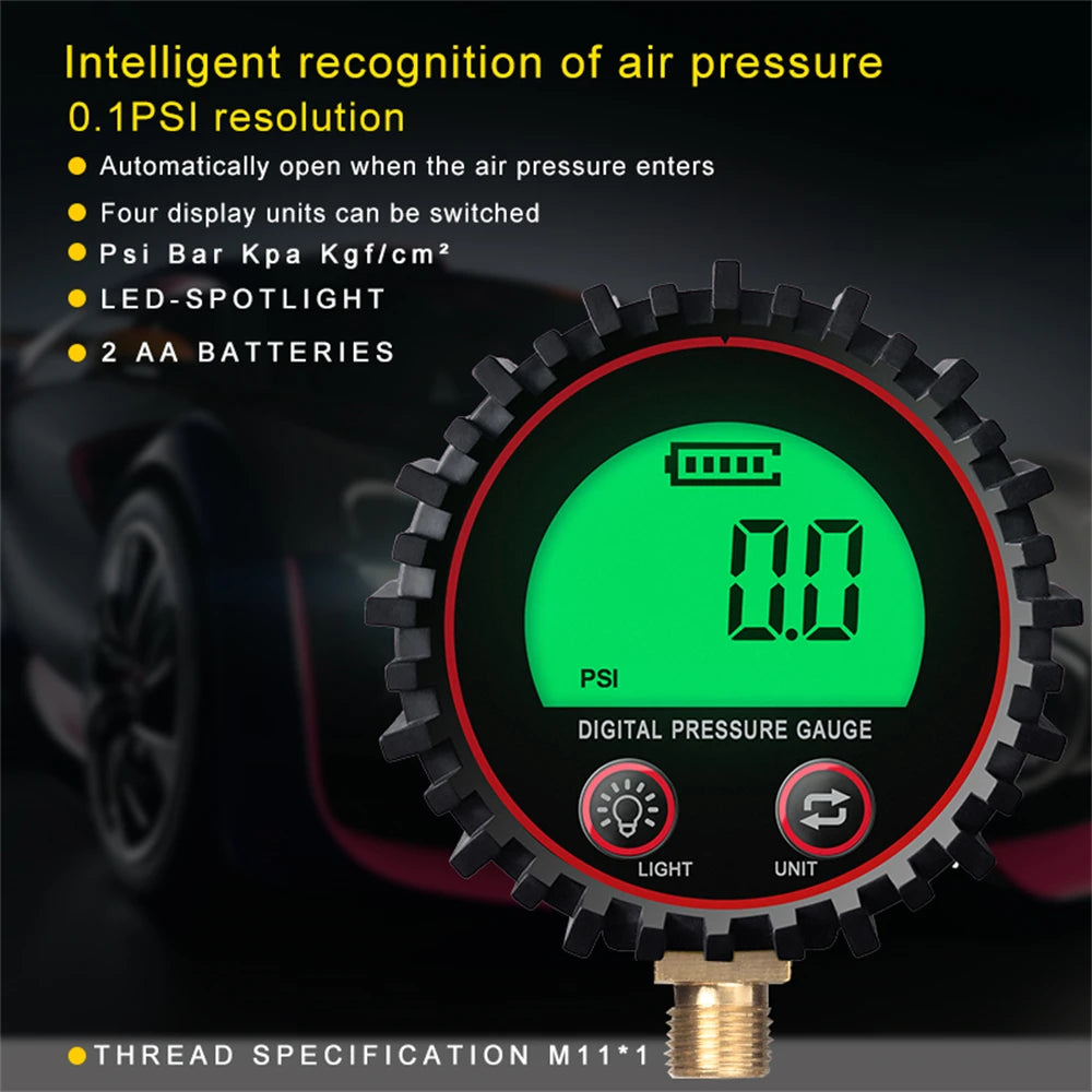 255PSI Digital Gas Pressure Gauge with M11 1/4 1/8NPT Screw Thread Connector Rubber Protector For Car Truck Motorcycle