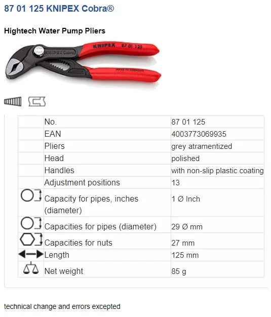 KNIPEX Cobra®8700180 8700250 Hitech Water Pump Pliers - 125mm to 560mm 8700125miniPliers