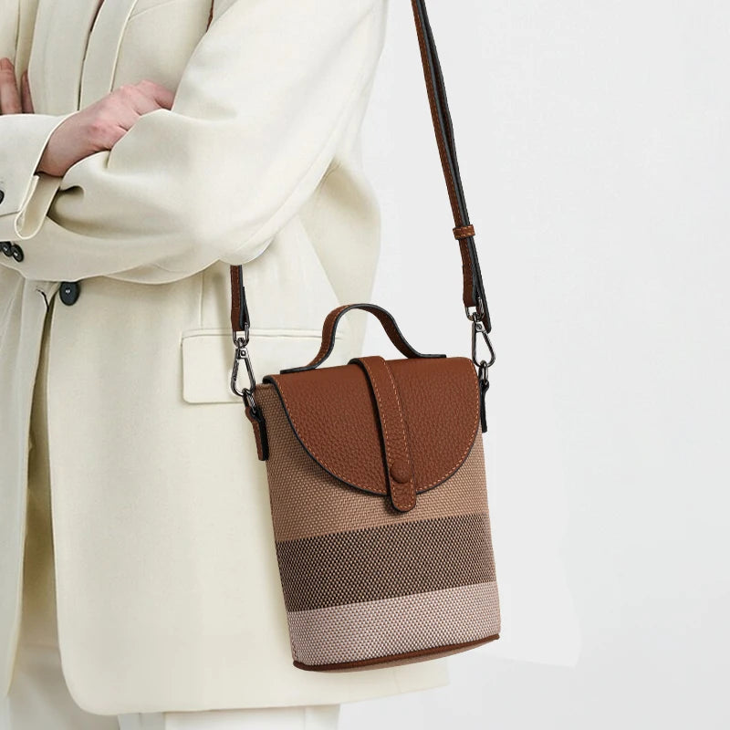 Women's Canvas Spliced Cowhide Shoulder Bag, Mini Striped Flap Handbag, Coin Purse & Crossbody Bag