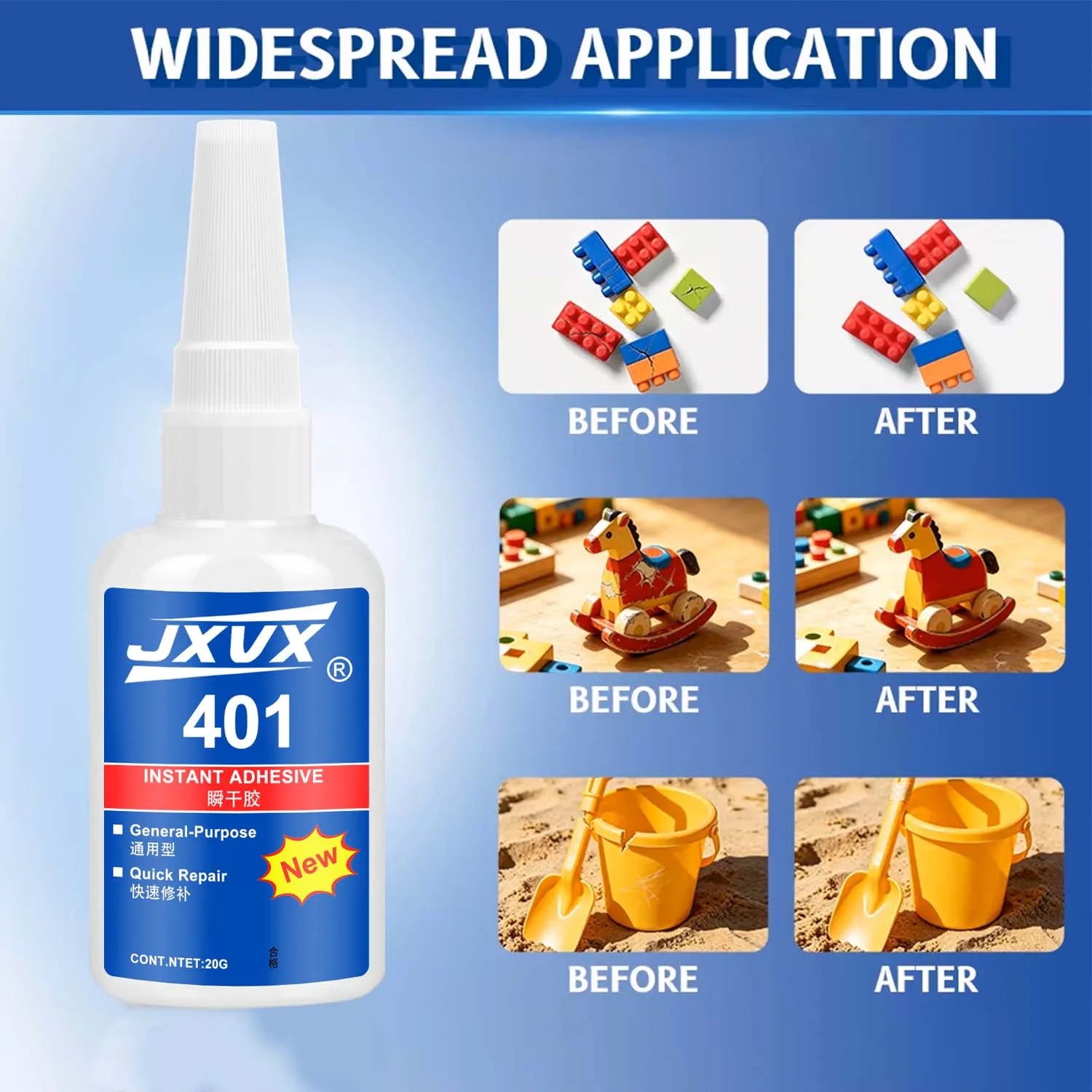 JXVX 401 Super Glue 20g Instant Adhesive Quick Dry Universal Specific Glue for Plastic Rubber Metal Paper DIY Craft Repair,6pcs.