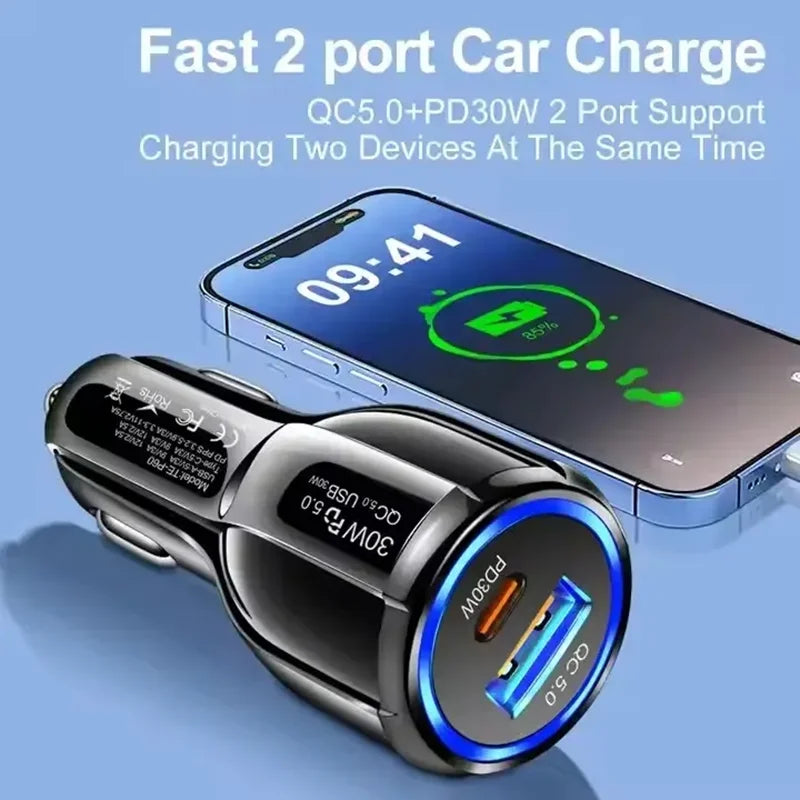 30W Car Charger Dual Port PD QC 5.0 USB Adapter Blue LED Glow Stable Metal Shrapnel Design For Smart Phones and Dash Cams