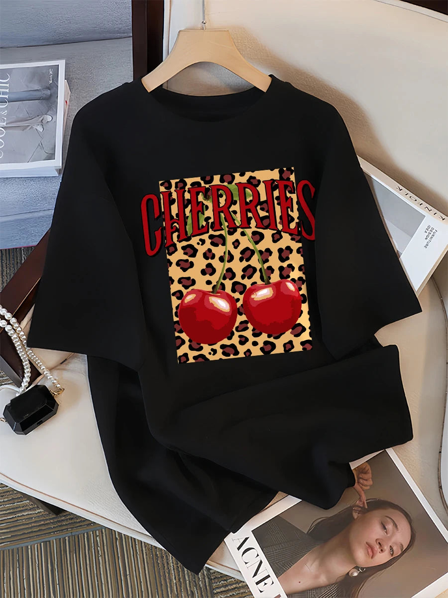 Plus Size Leopard Cherry Creative Design Womens Tee Shirts Casual T Shirt Summer O-Neck Streetwear Soft Oversized Short Sleeve