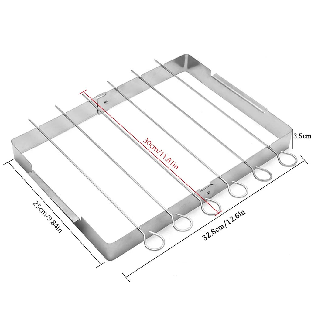 BBQ Skewer Rack Stainless Steel BBQ Metal Skewers Foldable Rotating Rotisserie Grill Rack with 6 Skewers for Outdoor Grills Tool