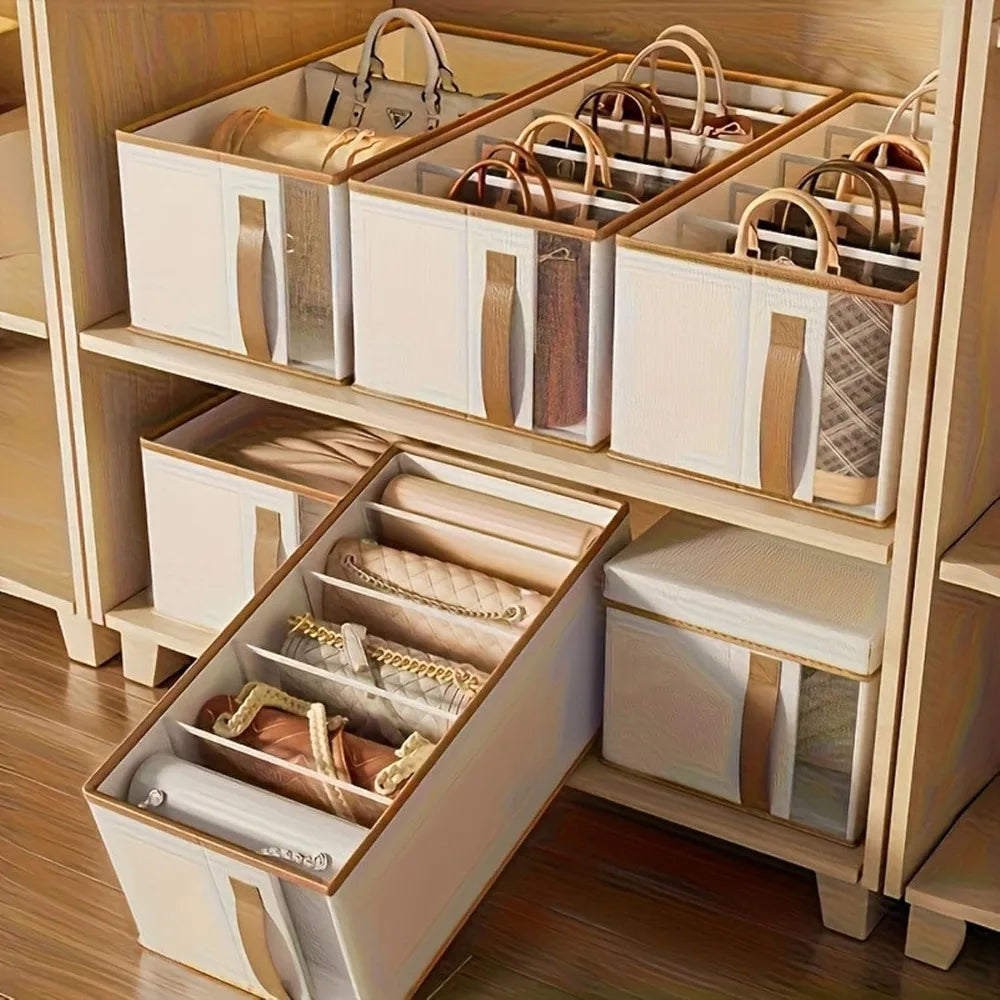 Clear Handbag Organizer For Closet Purse Storage Box Dustproof Divider With PU Leather Handles Space Saving Boutique Display