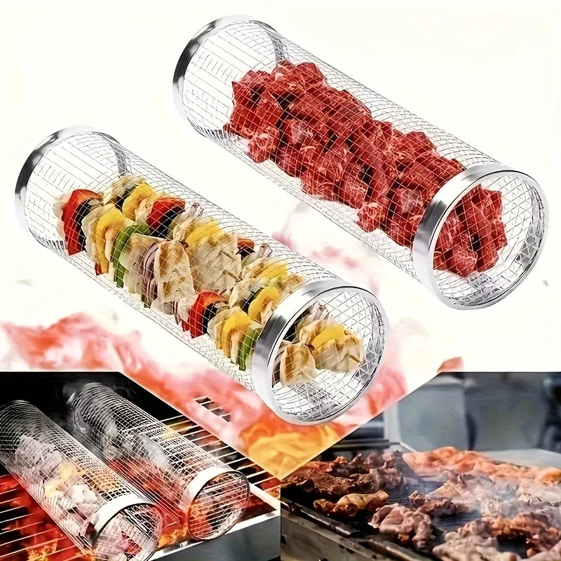 2pc Stainless Steel Rolling Grill Basket Set - Heavy Duty Cylinder Mesh for Camping, Picnic & Outdoor BBQ Accessories