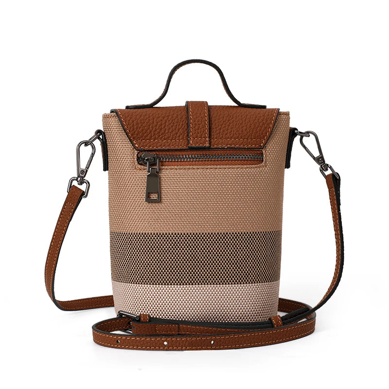 Women's Canvas Spliced Cowhide Shoulder Bag, Mini Striped Flap Handbag, Coin Purse & Crossbody Bag