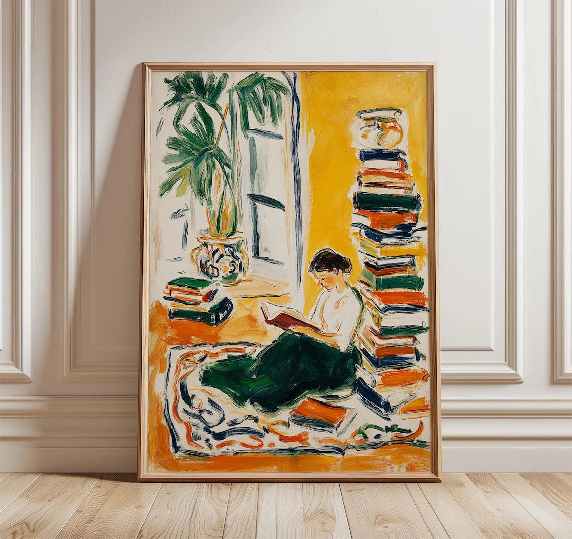 Woman Reading by the Window Poster, Cozy Book Lover Wall Art, Warm Yellow Interior Painting, Modern Impressionist Home Decor