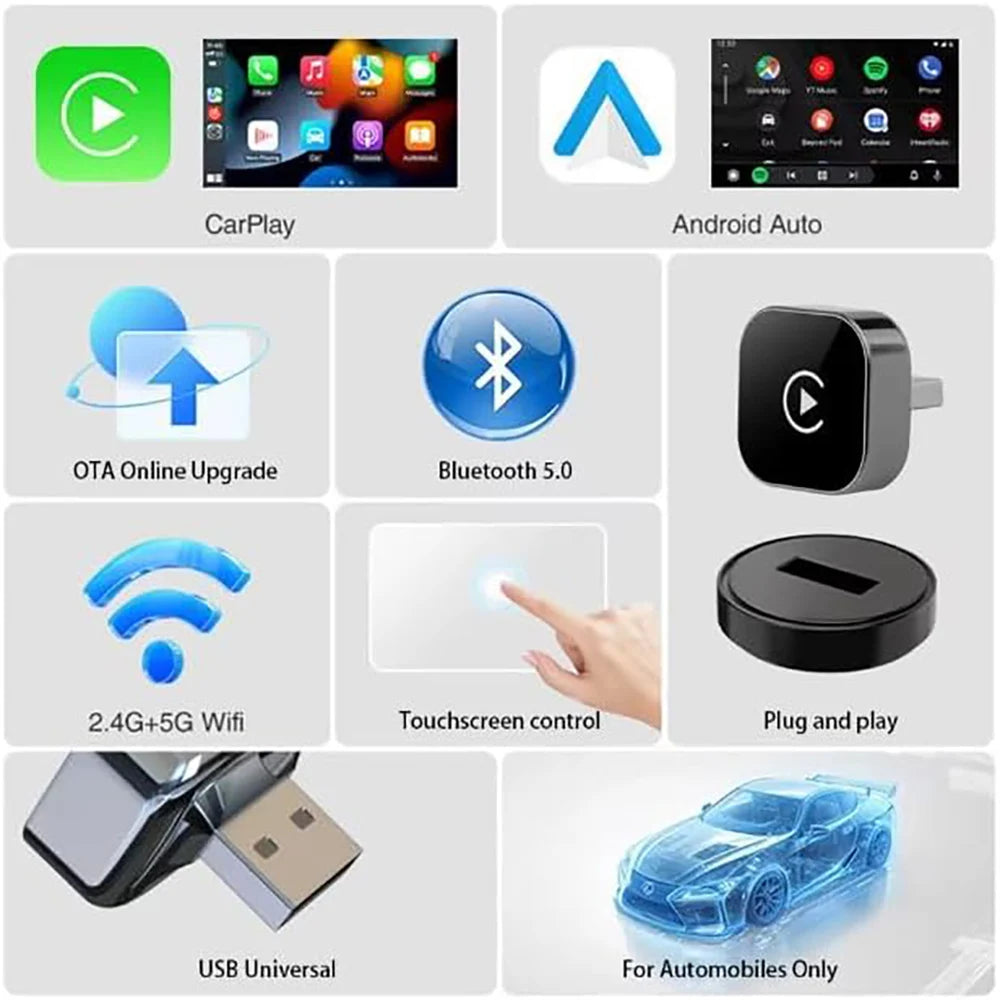 2026 Trending Wireless CarPlay Adapter for Apple iPhone & Android, 2-in-1 Adapter Convert Wired to Wireless Dongle