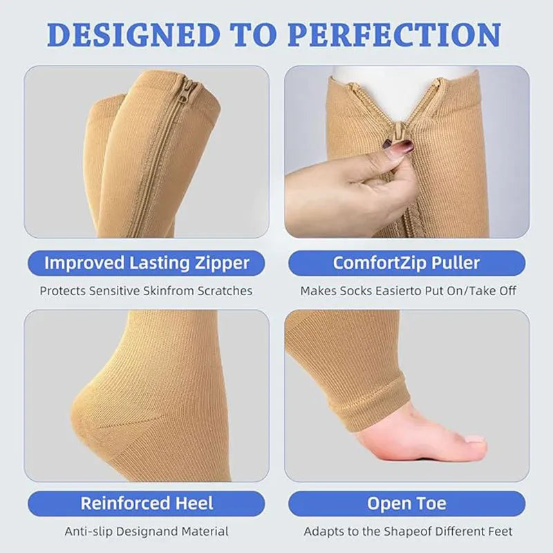 4 Compression Socks for Varicose Support with Zipper Outdoor Running Fitness Hiking Anti-fatigue Medical Diabetes Swelling Care