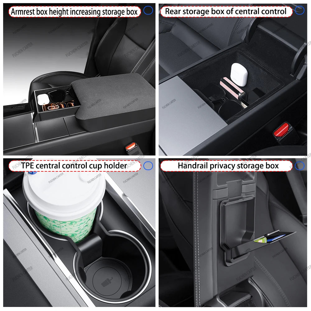 For Tesla Model Y Juniper 2025& Standard 2025+ Console & Armrest Hidden Storage Box Cup Holder Console Organizer Box Accessories