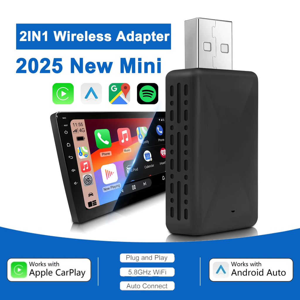 2026 Wireless CarPlay Android Auto 2-in-1 Adapter for Factory Wired Car Plug&Play 5.8Ghz WiFi USB Converter Box with OTA Update