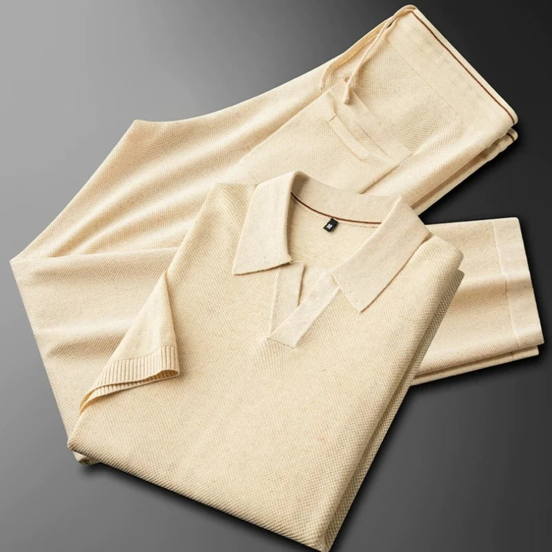 Minglu Lyocell Linen Summer Knitted Men's Sets Luxury Short Sleeve V Collar Male Polo Shirts Sport Casual Man Sweatsuits