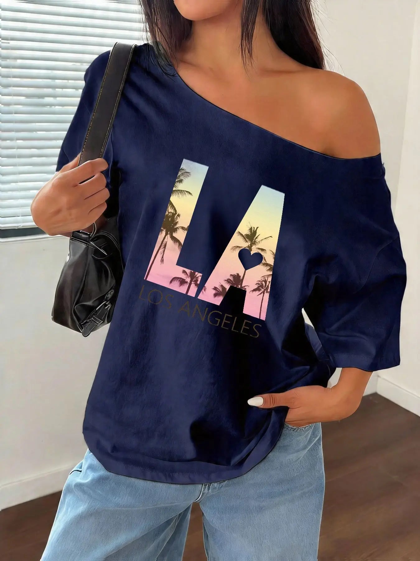 100% Cotton Plus Size Los Angeles Palm Tree Sunset Graphic Shoulder Loose Print T-Shirt Oversized Y2K Style Graphic Tees Wome