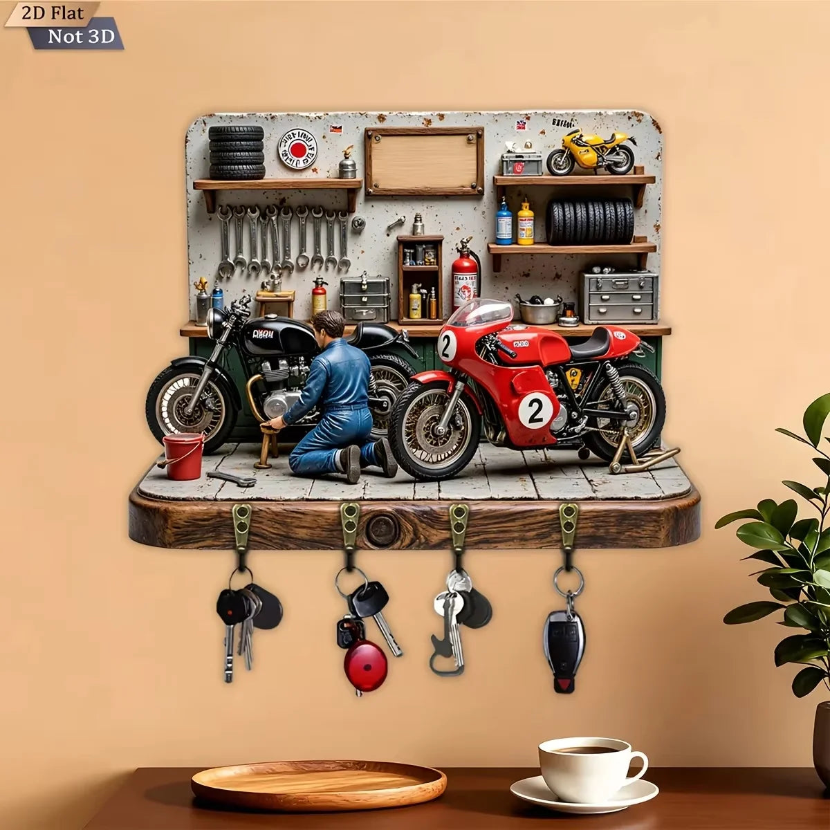2D Flat, 1pc,  Motorcycle Repair Themed Key Hook, Wooden Multifunctional Home Key Rack, with Four Metal Hooks, Wall Decoration,