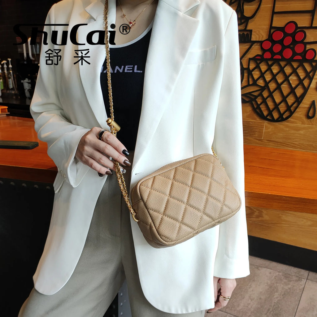Genuine Grade Leather Women's Fashion Chain Bag Luxury Designer Brand Cowhide Ladies Shoulder Cross Bag Female Samll Square Bag