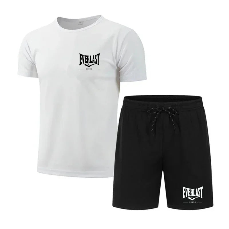 2026 New Everlast Boxing Men's 2 Piece Set Summer Black Short Sleeve T Shirt & Shorts Casual Sports Tracksuits