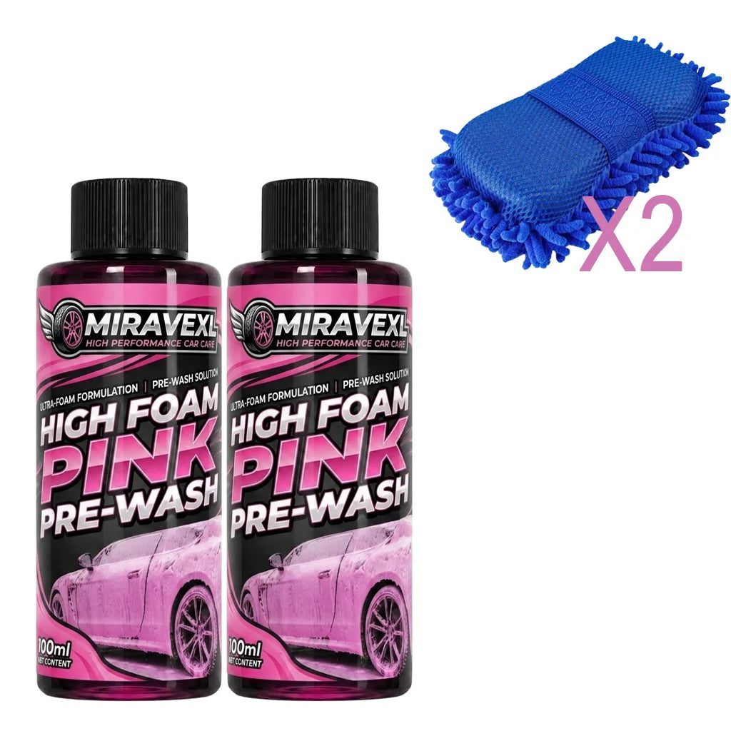 MIRAVEXL High Foam Pink Pre-Wash 100ml Car Care Set, Deep Cleansing Foam Solution, Professional Blue Microfiber Wash Mitt