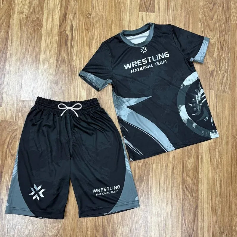 2026 New Black and Gray Color Block Wrestling Suit Set, Unisex Quick-Drying, Anti-Abrasion Shirt and Shorts Combat Training Suit