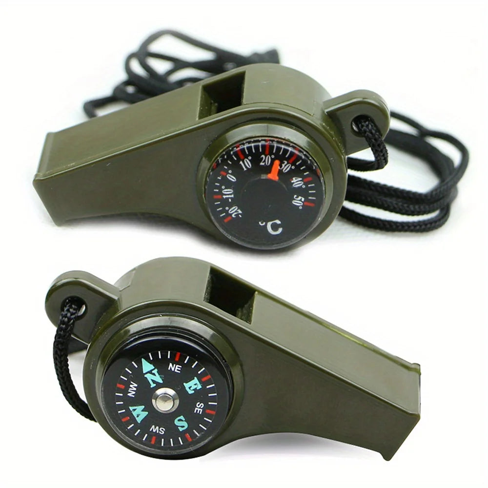 3-in-1 Emergency Survival Whistle with Compass Thermometer For Camping Hiking Outdoor Adventures Durable Metal Construction