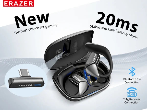 ERAZER XF29 Open Ear Gaming Earbuds with 2.4G Dongle, 20ms Ultra Low Latency Bluetooth Headphones ENC Call for PC Switch PS5 VR