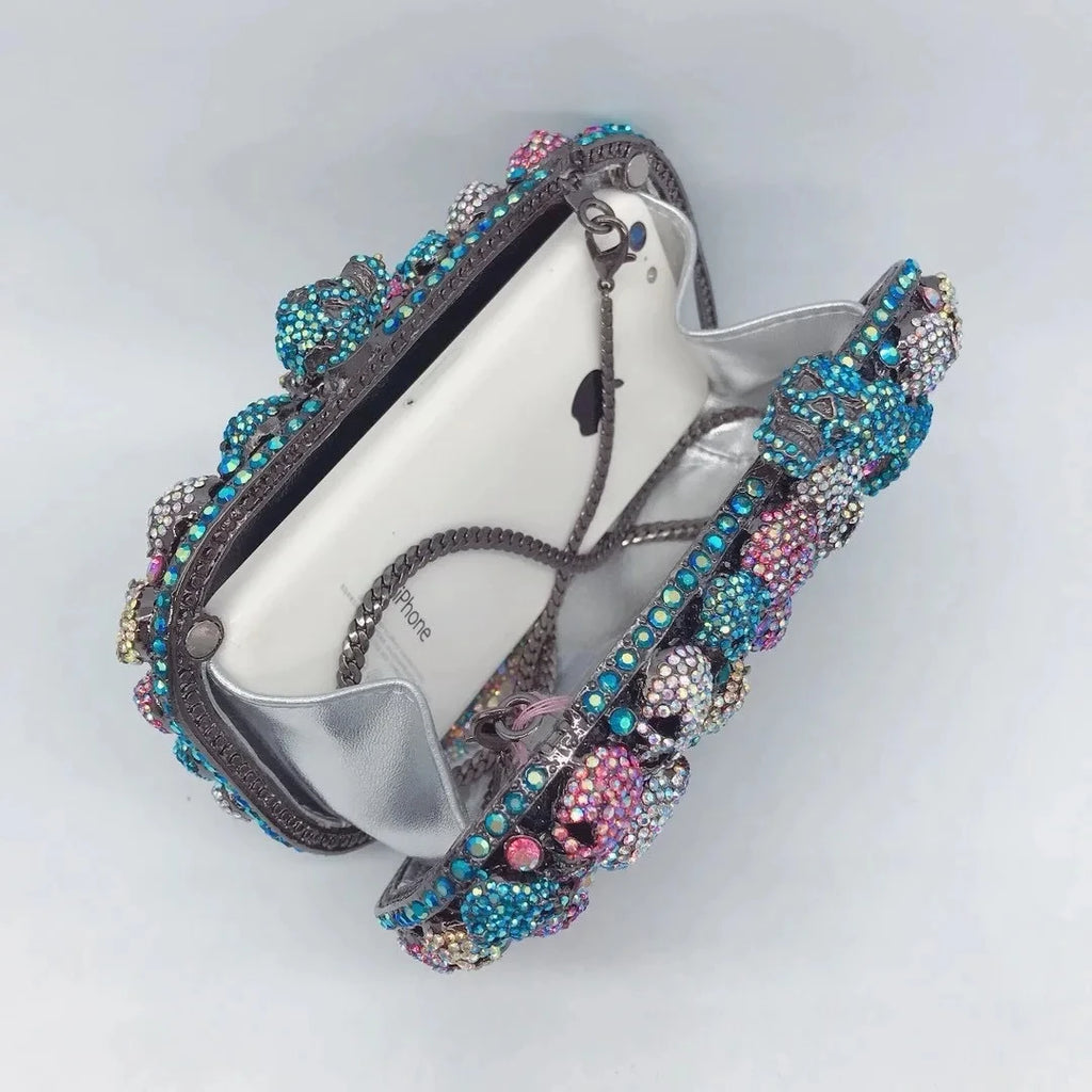 WHTUOHENG Skull Style Women Crystal Clutch Purse Metal Hard Box Handbag For Designer Rhinestone Female Diamond Party Prom Bags