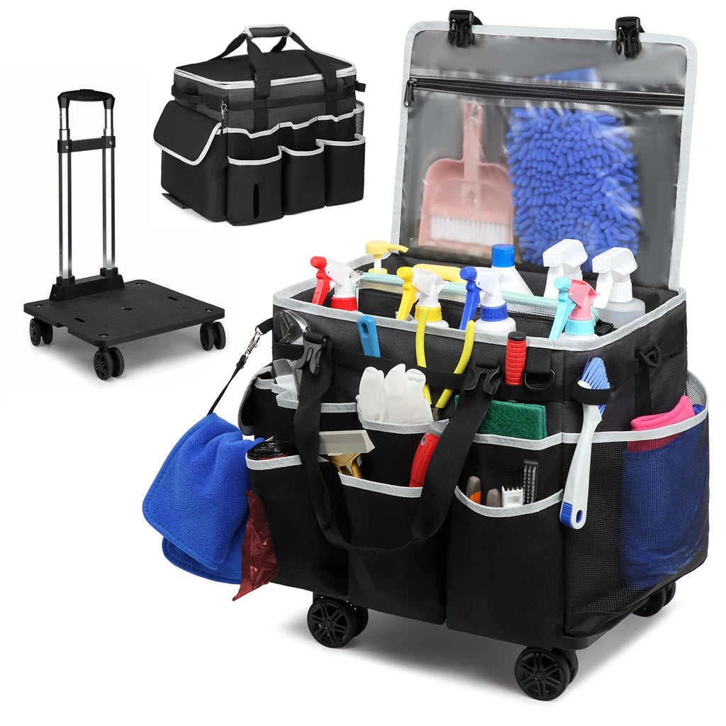 Rolling Cleaning Caddy Bag Tool Bag Cleaning Tools Storage Bag Professional Portable Large Cleaning Bag With Wheels Oxford Bags