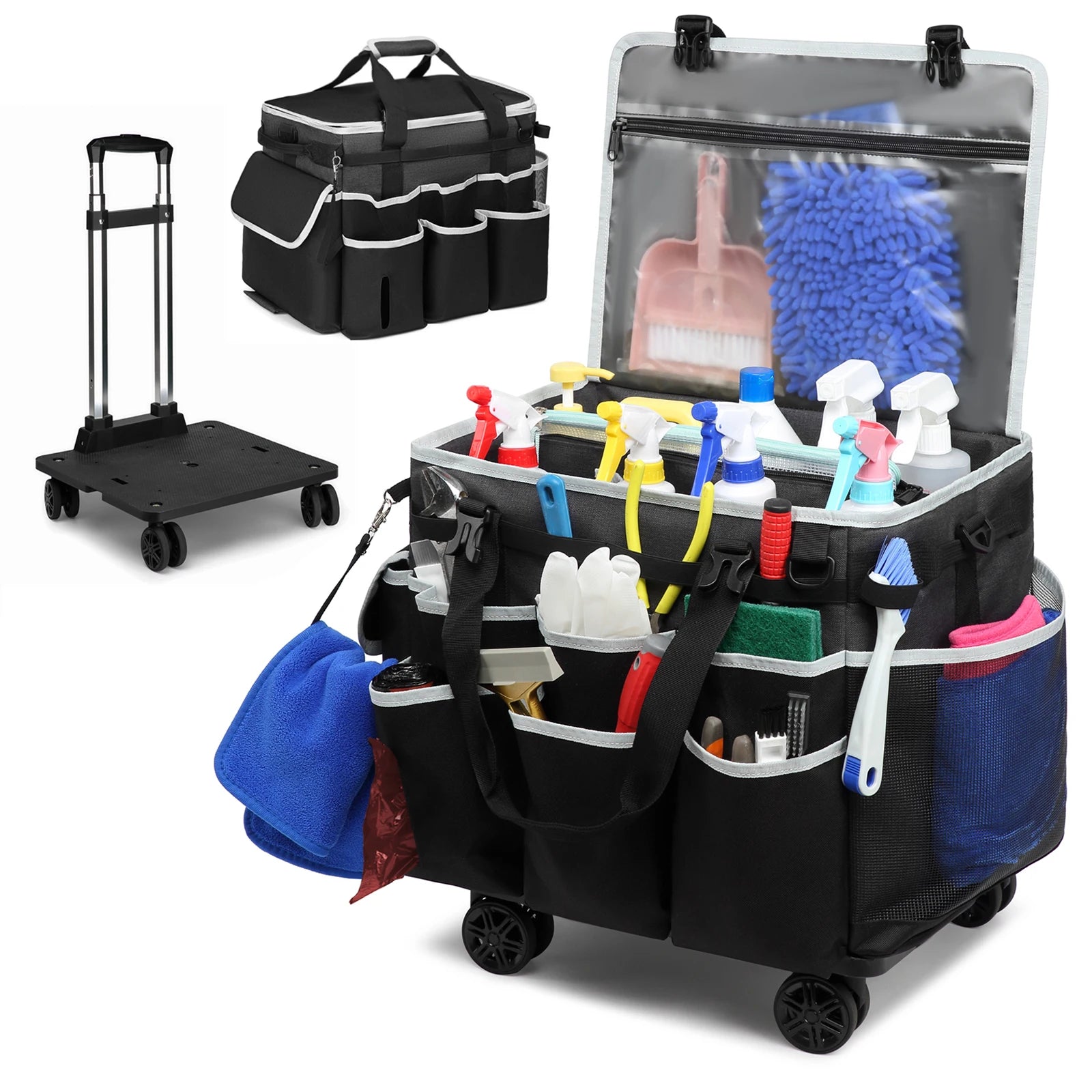 Rolling Cleaning Caddy Bag Tool Bag Cleaning Tools Storage Bag Professional Portable Large Cleaning Bag With Wheels Oxford Bags
