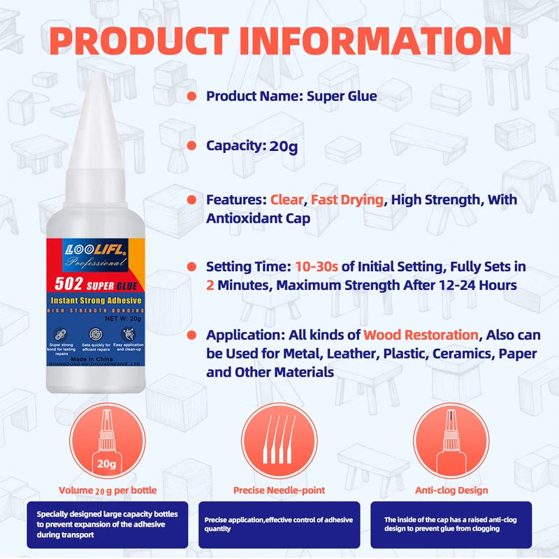L00LIFL502 Super Glue Instant Adhesive, Transparent Glue for Repairing Sole, Ceramic Plastic, Metal Pottery, Leather, Rubber