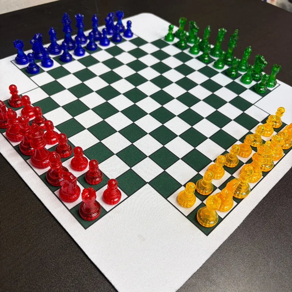 4 Players Chess , Translucent Pieces, 1 pc 35cm/13.78in Chess mat 64pcs Colorful Chess（4 different color 16 PCS per color）