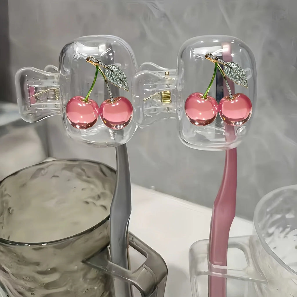 2pcs Pink Cherry Toothbrush Holder Clips Household Portable Travel Essential Toothbrush Protective Cap Storage Box Perfect Gift