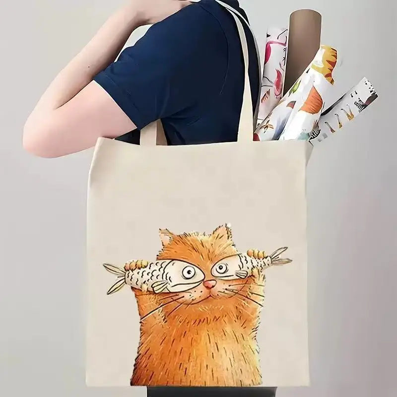Women Canvas Baguette Bag 1 Pack Cute Cat Pattern Handbag Tote Reusable Shopping Bag Multifunctional High Capacity Printed Storage Bag Gift for Cat Lovers Holiday Birthday Present
