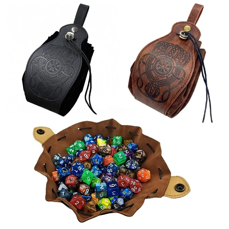 Genuine Leather DND Dice Bag Tray - Cute Drawstring Pouch RPG D&D Roleplaying Coin Purse Gift Ideas Medieval Knight Waist Pouch