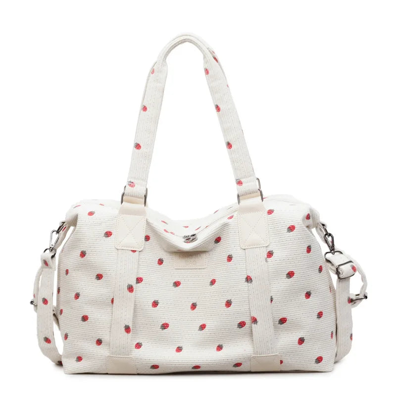 Corduroy Travel Tote Bag Large Capacity Strawberry Travel Handbag with Shoe Compartment Sports Fitness Bag for Women Droshipping