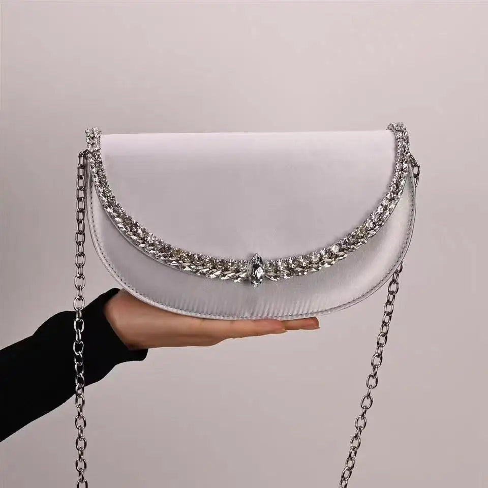 Luxury Satin Moon Bag Glitter Rhinestones Diamond Evening Bag Fashion Women Handbag Wedding Party Clutch Purse Shoulder Bag
