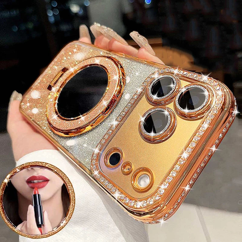 Luxury Diamond Clear Glitter For Magsafe Case For iPhone 17 16 15 14 13 12 11 Pro Max Air Mirror Magnetic Holder Stand Cover