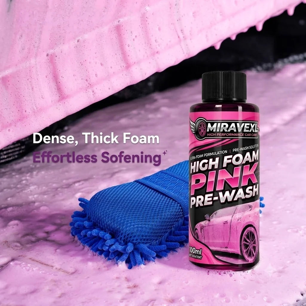 MIRAVEXL High Foam Pink Pre-Wash 100ml Car Care Set, Deep Cleansing Foam Solution, Professional Blue Microfiber Wash Mitt