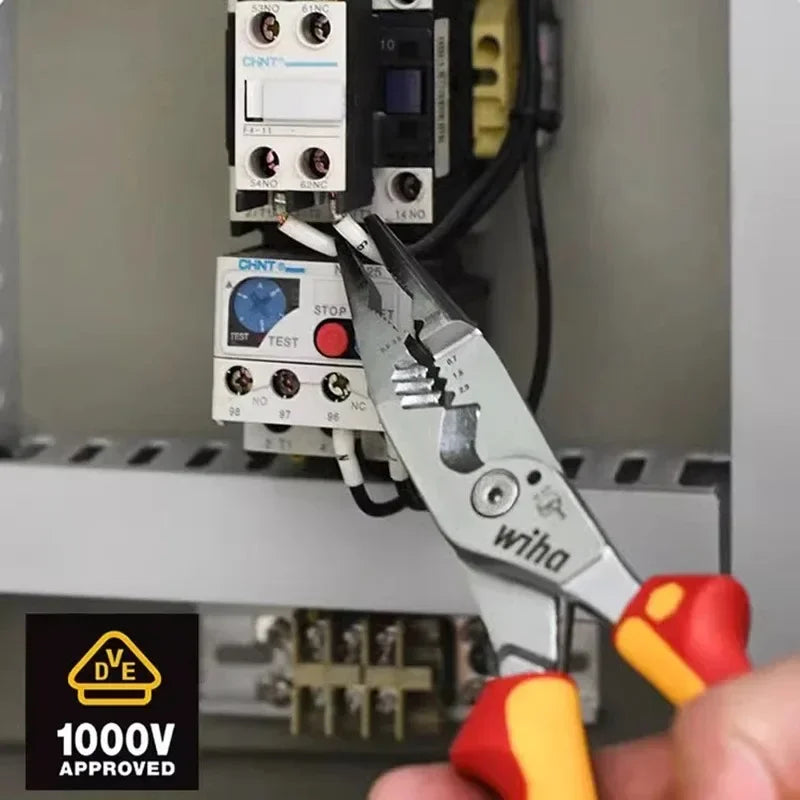 Wiha 45489 Multifunctional 8-in-1 Industrial Electrician Insulated Wire Strippers Pointed Crimping and Cutting Pliers 1000V VDE