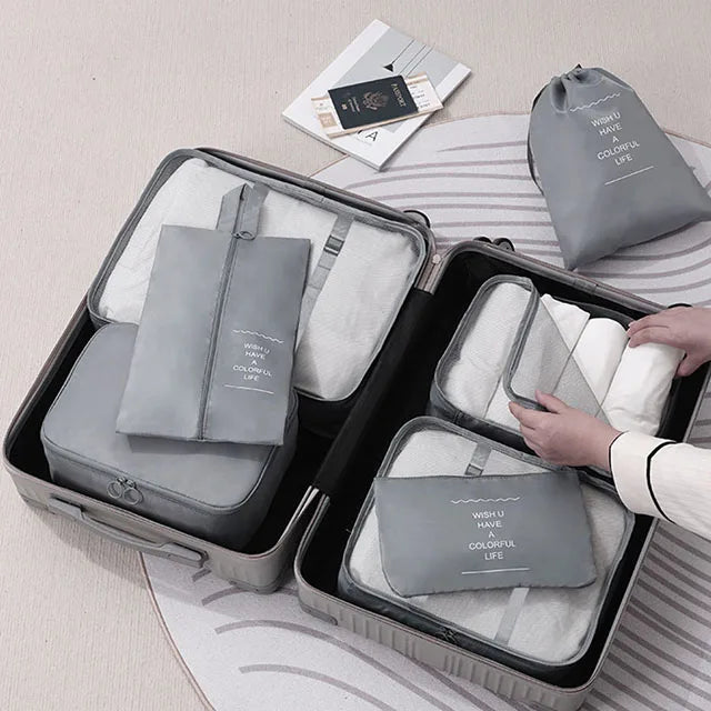 7Pcs Travel Packing Cubes Set Waterproof Luggage Organizer with Drawstring Storage Pouches for Clothes Shoes Underwear - Suitcas