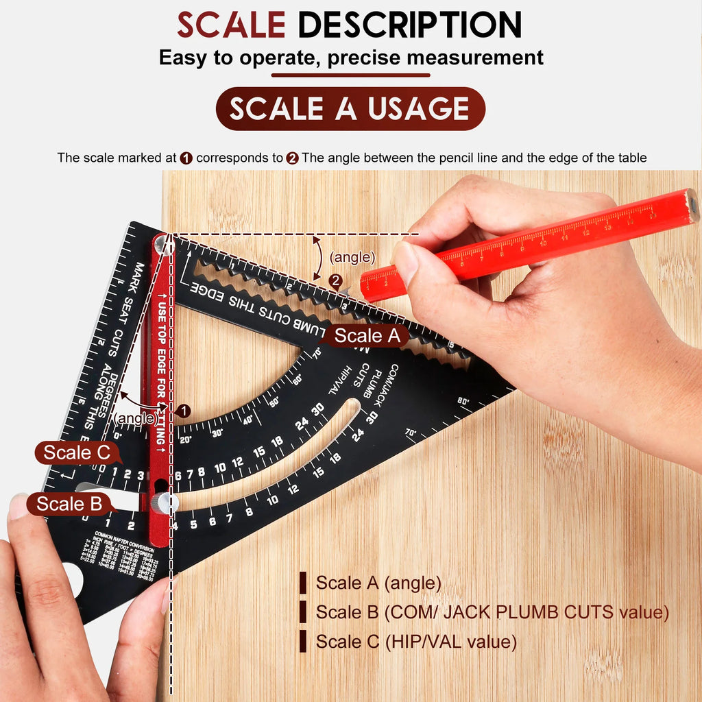 7'' Woodworking Triangle Ruler Aluminum Alloy Rafter Square Adjustable Triangle Ruler with Pencil for Measuring Woodworking Tool