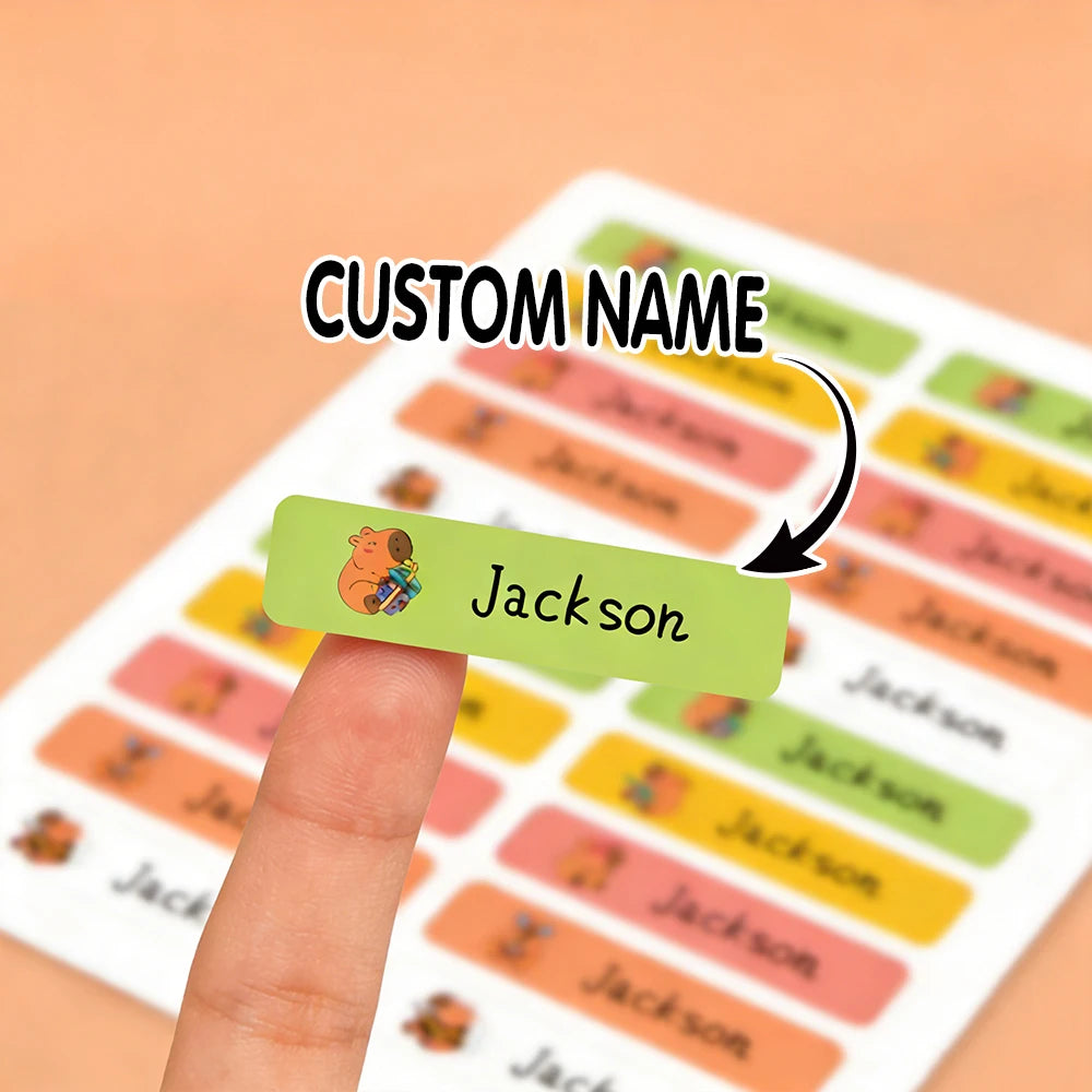 Kawaii Capybara Waterproof Name Tags Stickers Custom Adhesive Stationery Decals Personalize First Name Label For Children School