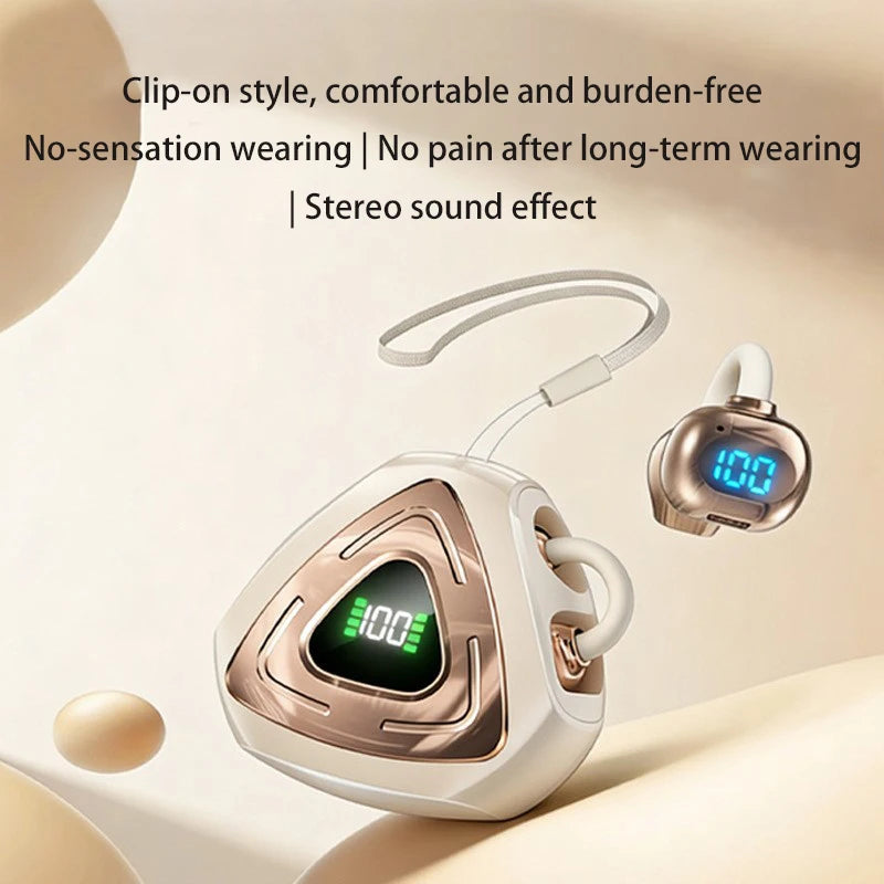 Trendy open-style ear clip earphones with Bluetooth 5.4 and charging case featuring high-definition digital display, small sound