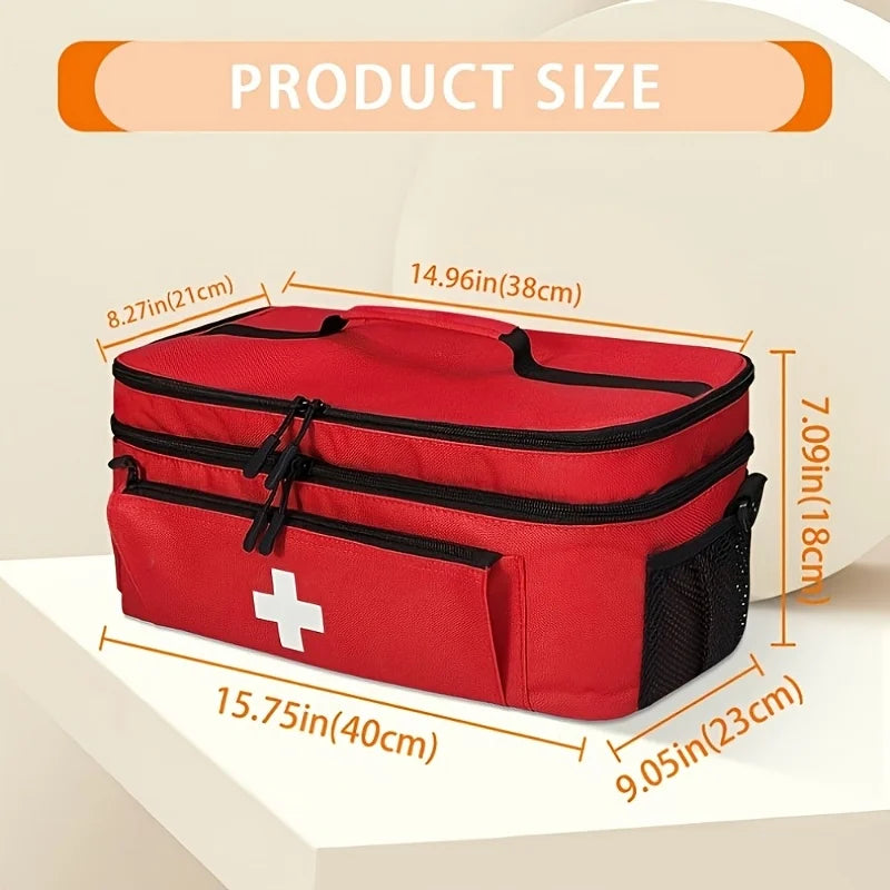 Double Layer Portable First Aid Bag, Empty Medicine Storage Organizer with Dividers & Side Pockets for Home Camping Travel