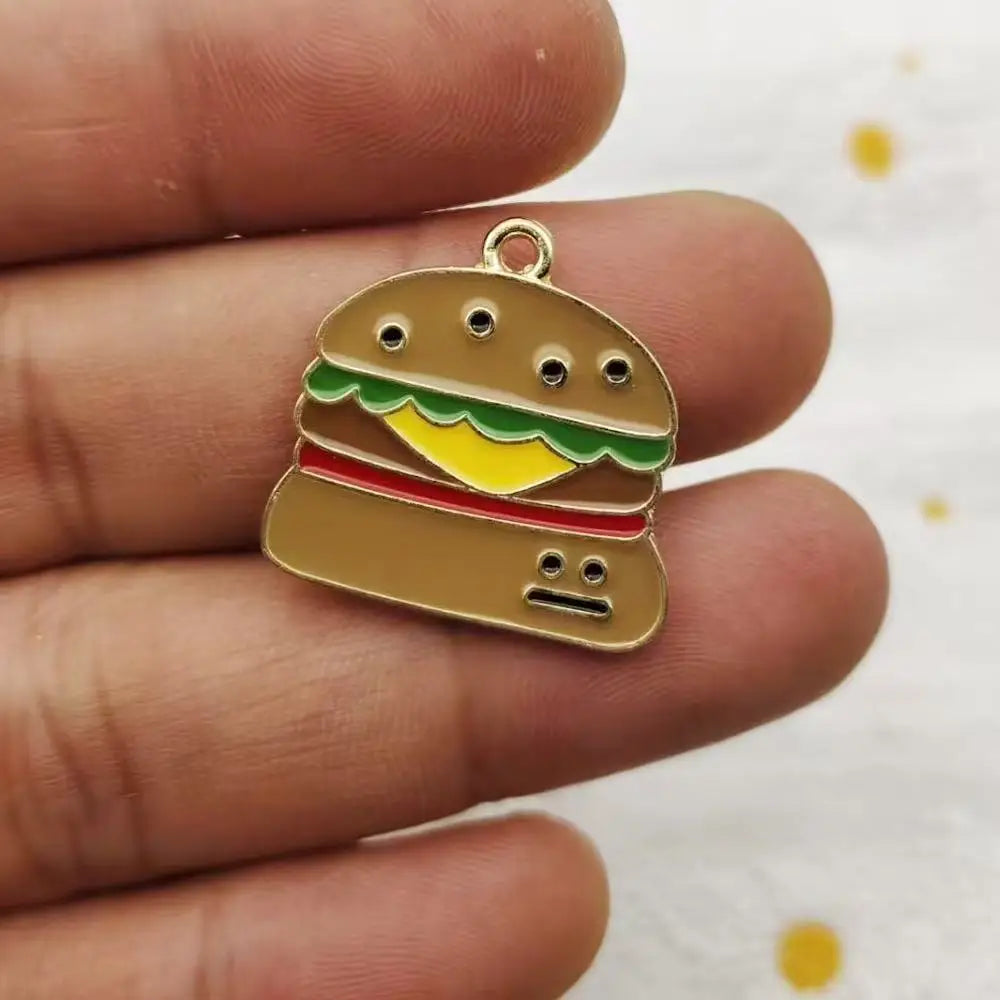 10pcs Drip Oil Alloy DIY Food Emoji Bag Accessories Burger Pizza Beer Bracelet Pendant Keychain Bag Pendant