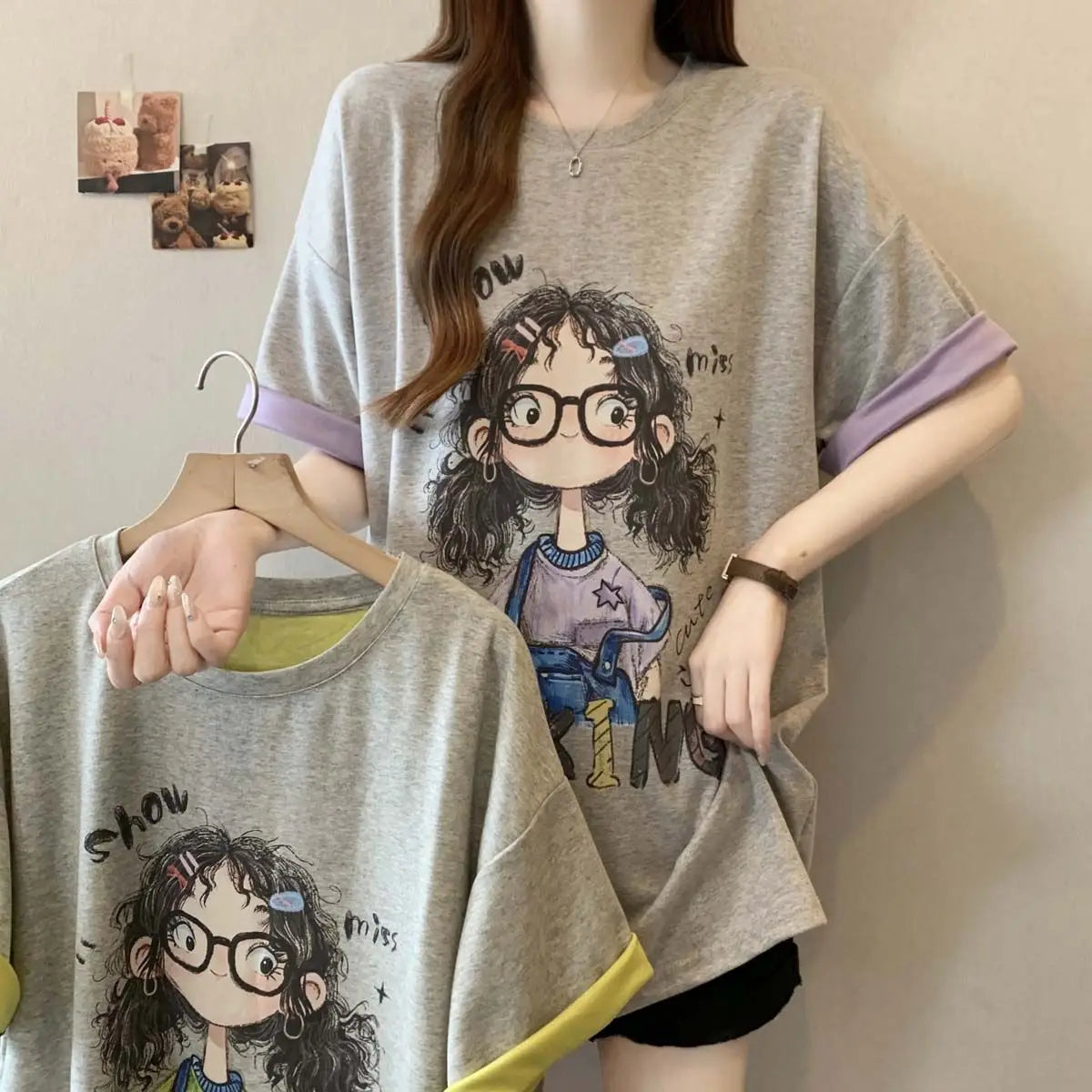 Plus-size women's spring and summer new color-blocking casual loose slimming cartoon letter printed short-sleeve T-shirt