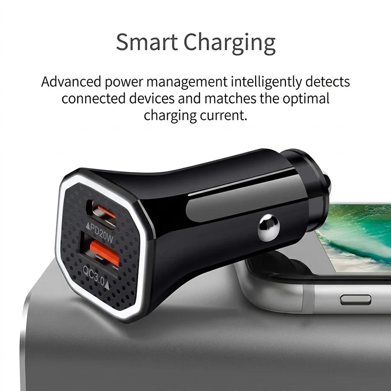 Fast Charging Auto Car Adapter 38W Dual Ports PD20W And QC3.0 Cigarette Lighter Plug With Ambient Light Ring For Mobile Phones